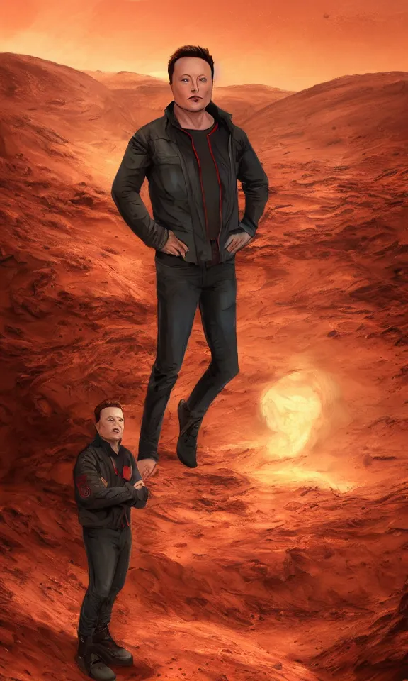 Image similar to elon musk posing on mars, portrait, full body shot, digital art, concept art, fantasy art, highly detailed, hd wallpaper, hdr, artstation, deviantart, behance