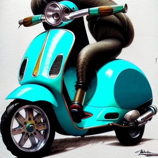 Prompt: a turquoise vespa moped, realistic, concept art, intricate details, detailed, rim light, photorealistic, pencil and watercolor, art by artgerm and greg rutkowski