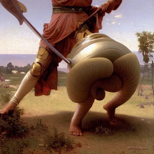 Image similar to A giant snail attacking a knight, oil on canvas, fantasy, highly detailed, epic, by William-Adolphe Bouguereau