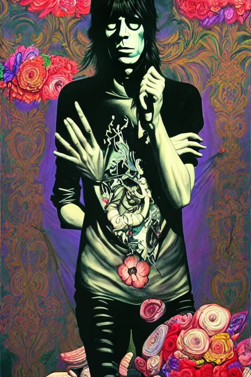 Image similar to the velvet underground and nico playing live on stage at a night club, unusual perspective with nico in the center, beautiful stage decoration with flowers in the background, painting by james jean, very detailed and colorful and toned down and ornamental and moody and cool and relaxed and high on drugs, trending on artstation, behance contest winner