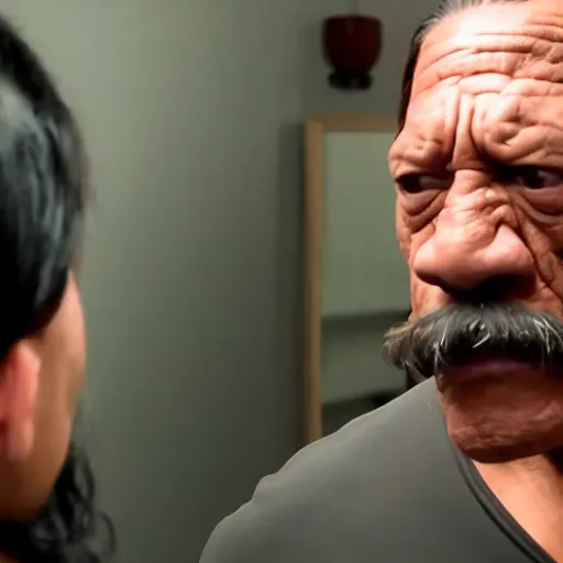 Prompt: danny trejo looking at the mirror with angry face, realistic, 4 k, trending