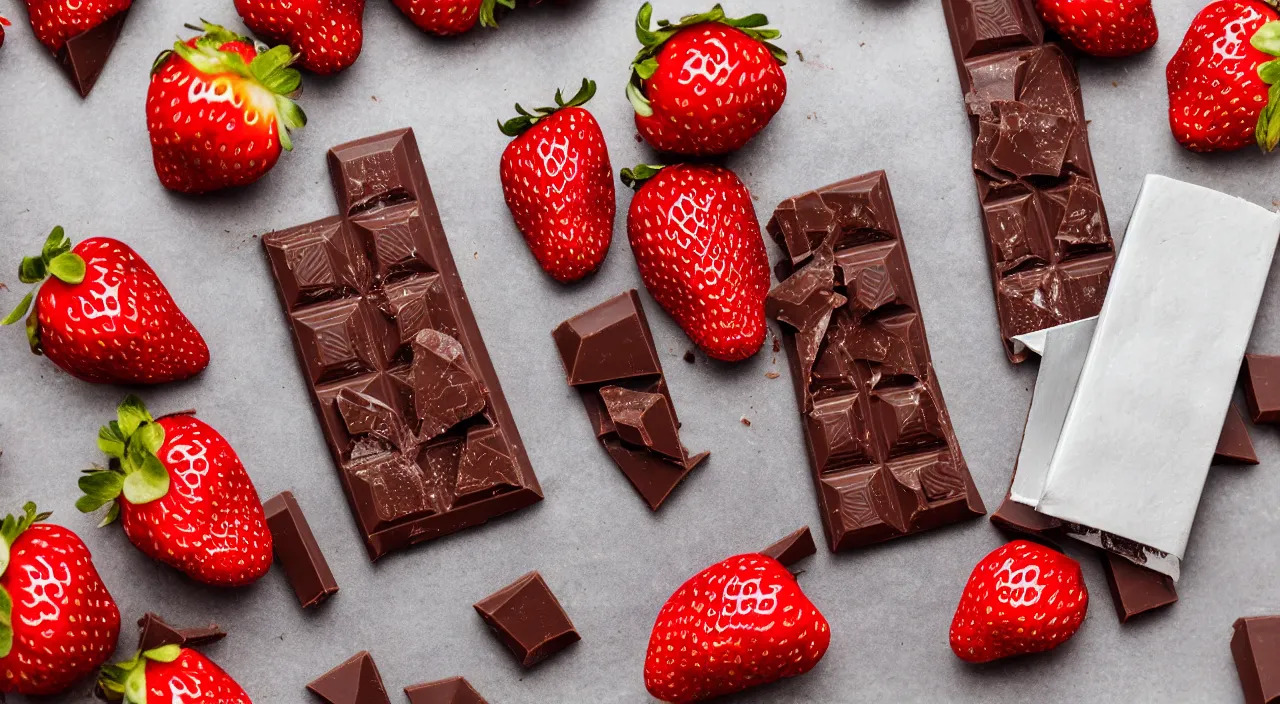 Prompt: A fancy chocolate bar on an opened silver wrapper, with one piece broken off, on a wooden tray, next to sliced strawberries, macro lens product photo