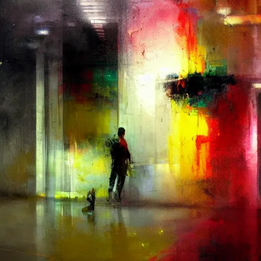 Prompt: abstract painting of a man in bright colours by jeremy mann
