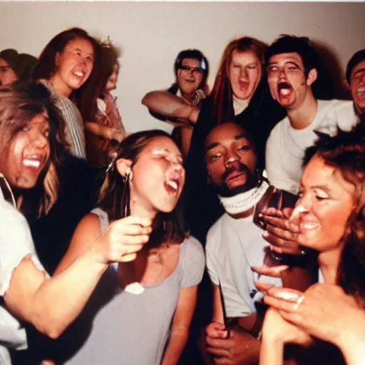 Prompt: photo of a bunch of people partying at a small house party. They are listening to snoop Dogg in the early 90's