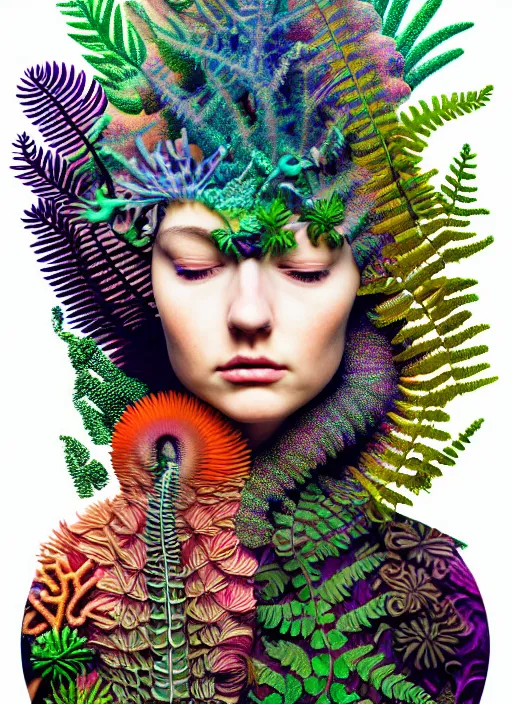 Prompt: ridiculously beautiful young woman tripping, psychedelics, ferns, coral, birds, symmetrical, in the style of ernst haeckel, effervescent, warm, hyperrealism, photo realistic, epic and cinematic,