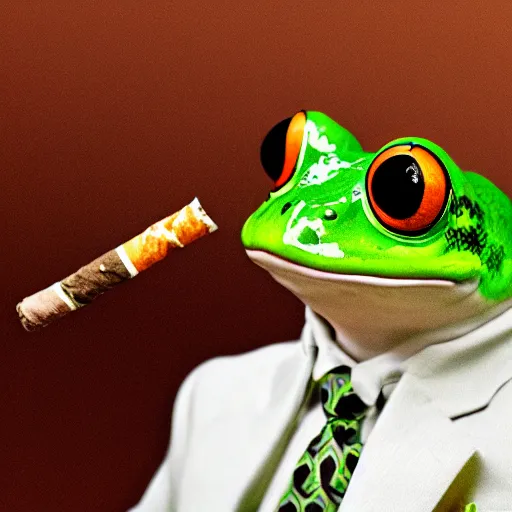 Image similar to a high detail closeup shot of a frog wearing a suit 👔,and smoking a cigarrette🚬