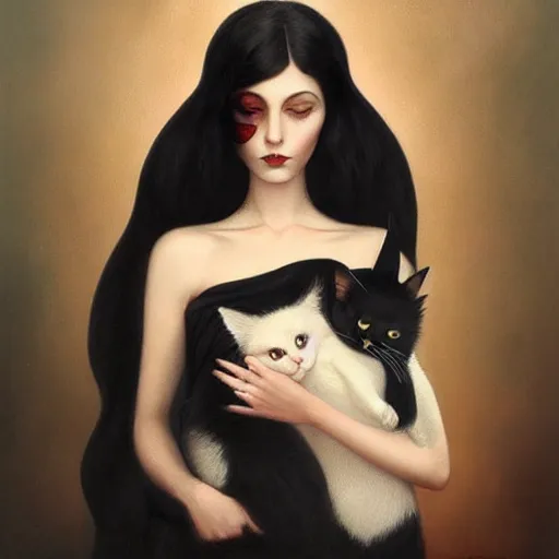 Image similar to a painting of a woman holding a cat, a photorealistic painting by tom bagshaw and ( ( ( mark ryden ) ) ), trending on deviantart, gothic art, ilya kuvshinov, goth, storybook illustration