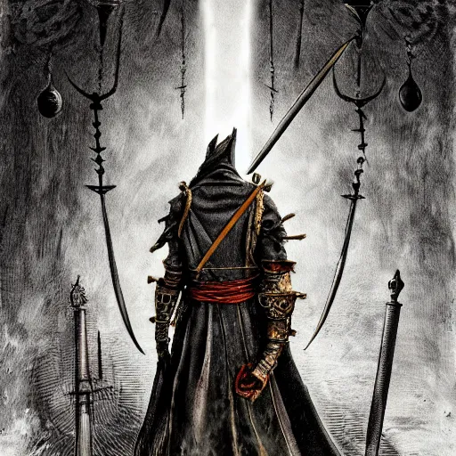 Image similar to tarot card hanged man with cups and swords bloodborne, illustration 8 k