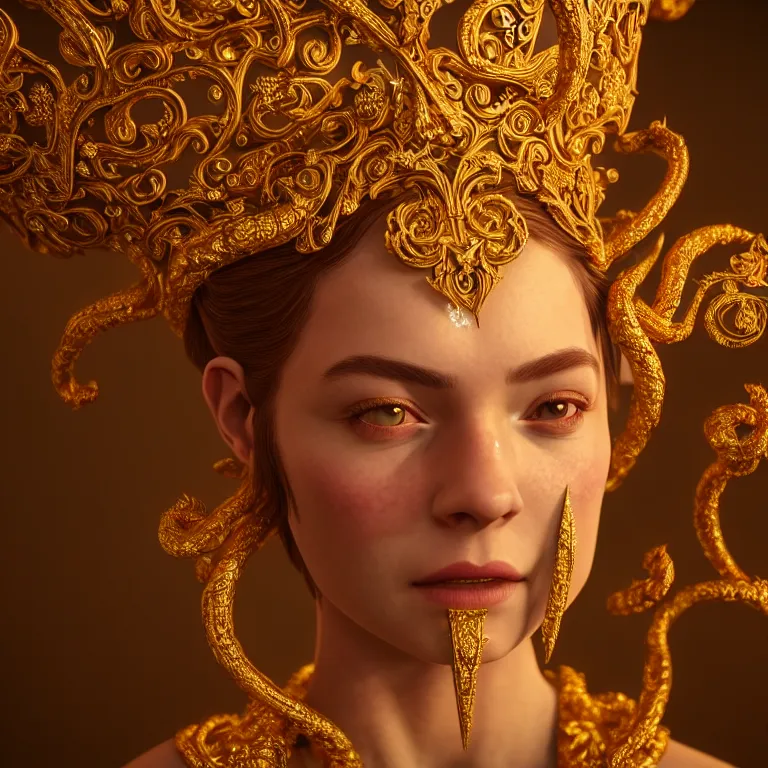 Image similar to wonderful princess of vines with a clear skin, ornate 8 k gorgeous intricate gold detailed, accent lighting, dramatic light, octane render