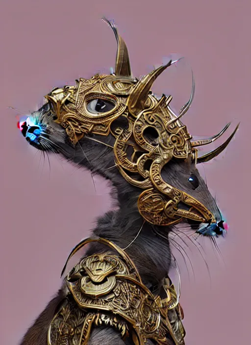 Prompt: symmetry!! portrait of a pet rat wearing detailed ornate armor, intricate, elegant, highly detailed, my rendition, digital painting, behance, concept art, smooth, sharp focus, illustration, art by artgerm and greg rutkowski and alphonse mucha and huang guangjian and gil elvgren and sachin teng