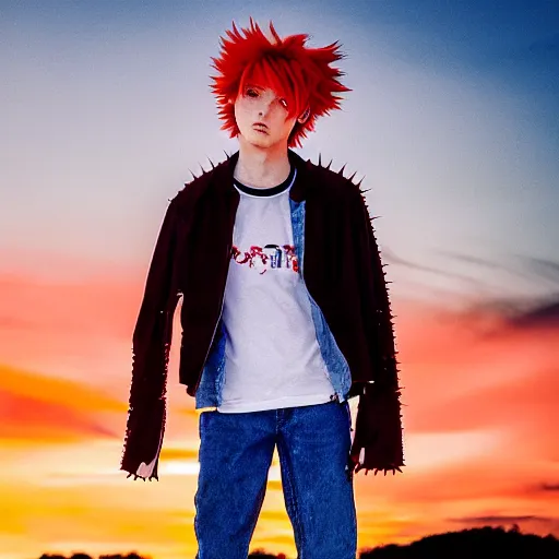 Prompt: orange - haired anime boy, 1 7 - year - old anime boy with wild spiky hair, wearing blue jacket, golden hour, partly cloudy sky, red clouds, orange sky, old town, strong lighting, strong shadows, vivid hues, ultra - realistic, sharp details, subsurface scattering, intricate details, hd anime, 2 0 1 9 anime