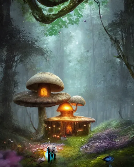 Prompt: a tall cute mushroom house in a magical forest in spring, cinematic, stunning, adorable, artstation, smooth, hard focus, illustration, art by jessica rossier and and brian froud