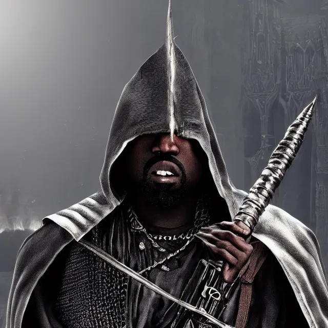 Prompt: yeezus era kanye reimagined as a boss in dark souls, dark cinematic, volumetric, realistic, cinematic lighting, ray tracing, unreal engine 5, unreal engine render, octane render, hyper realistic, photo, 8 k