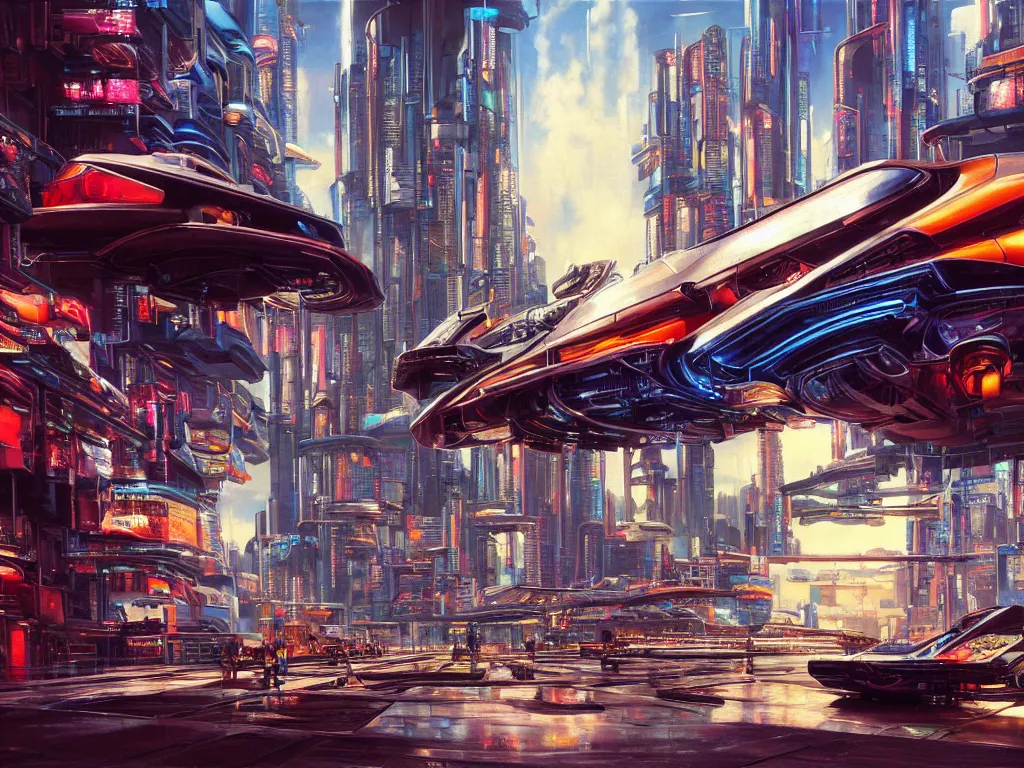 Prompt: hyperrealistic painting of a slice of life from a futuristic city, mechanical designs, futuristic vehicles, technological, cyberpunk scene, vivid color, elegant, meticulous, cinematic, cyberpunk style, highly detailed, realism, intricate, acrylic on canvas, 8 k resolution, concept art, by noriyoshi ohrai, peter elson
