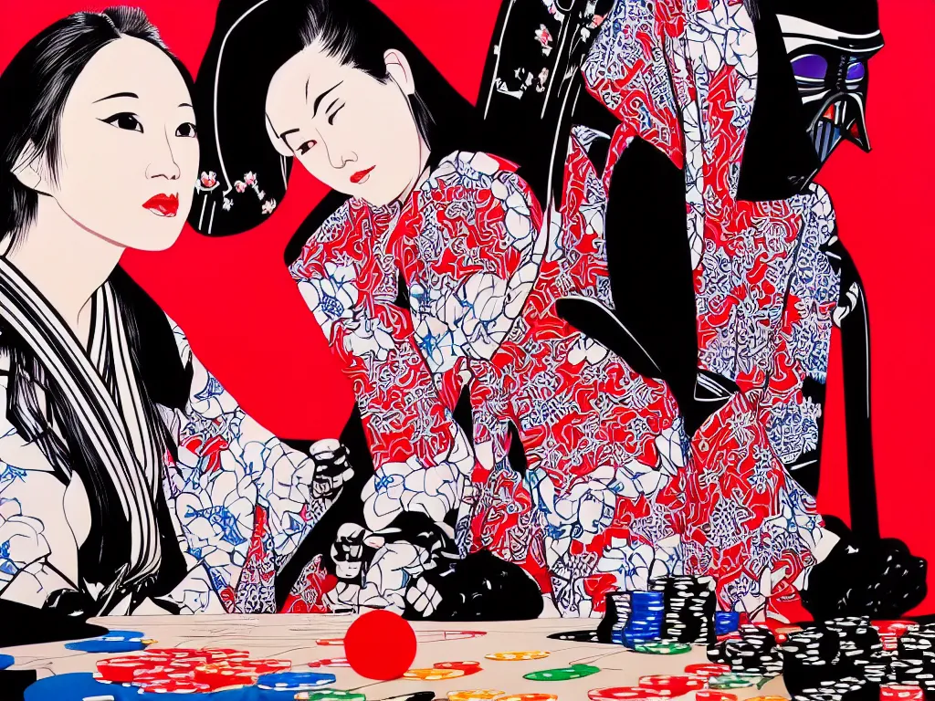 Image similar to hyperrealism composition of the detailed woman in a japanese kimono sitting at an extremely detailed poker table with darth vader, fireworks on the background, pop - art style, jacky tsai style, andy warhol style, acrylic on canvas