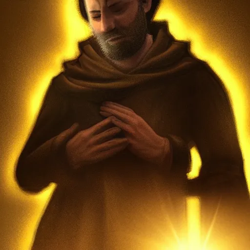 Prompt: Digital portrait of a terrified catholic priest in his twenties fervently praying at the top of a medieval tower. He is looking horrified as a yellow shadow descends upon him from the night sky. Dramatic lighting. Award-winning digital art, trending on ArtStation