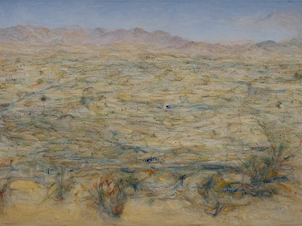 Prompt: landscape, large Trailer park in the desert with oasis with a reservoir and rednecks, painting by style Julie Mehretu