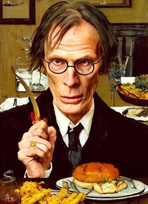 Image similar to full body and head portrait of bill nighy as victor from underworld in a restaurant eating a chop, painted by norman rockwell and tom lovell and frank schoonover