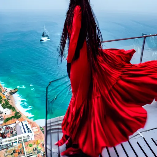 Image similar to cyberpunk girl wearing a red swirling dress, standing on an Imerovigli terrace looking down into the ocean, trending on artstation, cinematic lighting