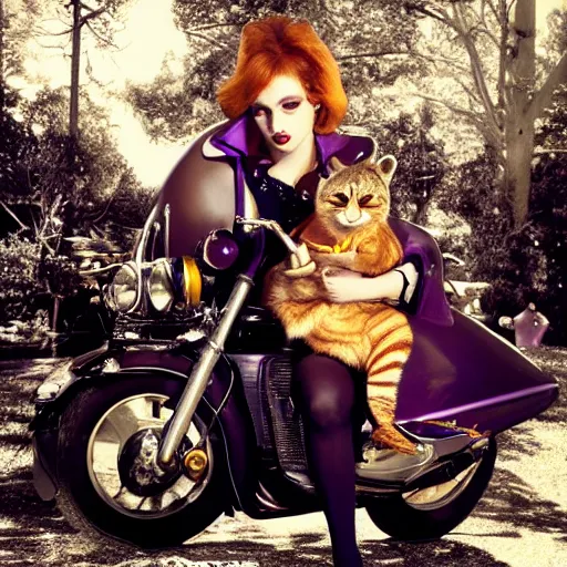 Image similar to a photo by arbus of a slender beautiful woman with straight ginger hair and bangs, wearing purple leathers and gold helmet, posing with large ginger tabby and raccoon on a motorcycle in her front yard, holding coffee mug and toasted brioche bun, fashion photography, dramatic lighting, 8 5 mm lens