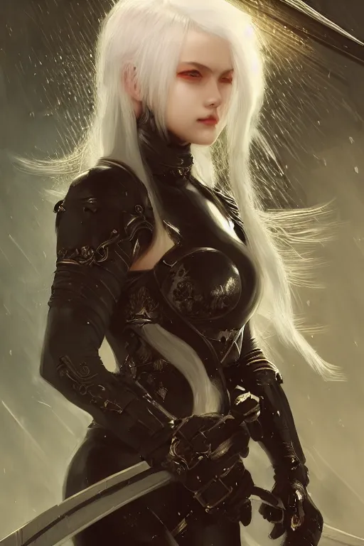 Image similar to portrait Ninja gaiden white hair girl, armored ninja wardrobe, in ruin japanese rainny temple night, ssci-fi and fantasy, intricate and very very beautiful and elegant, highly detailed, digital painting, artstation, concept art, smooth and sharp focus, illustration, art by tian zi and WLOP and alphonse mucha