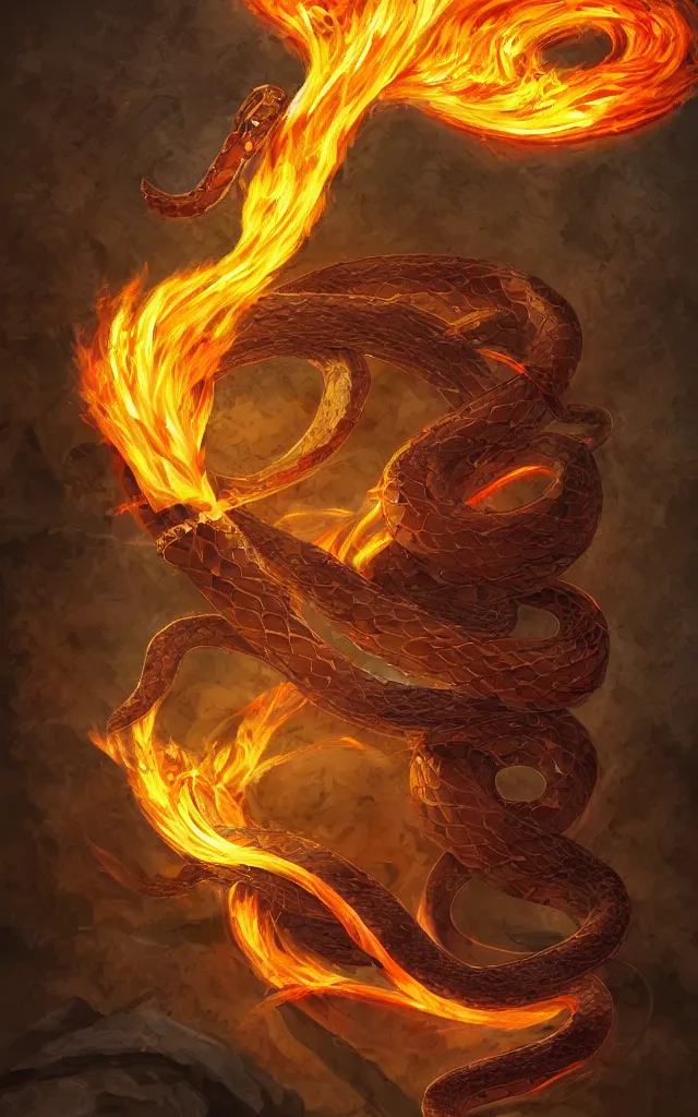 Image similar to a snake wrapped around a flaming sword, digital art.