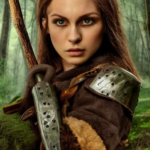 Image similar to anya charlota as a medieval fantasy wood elf, dark brown hair tucked behind ears, wearing a green tunic with a fur lined collar and brown leather armor, stocky, muscular build, scar across nose, one black, scaled arm, wielding a battleaxe, cinematic, character art, digital art, forest background, realistic. 4 k