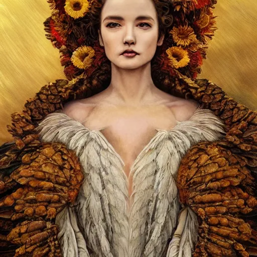 Prompt: real photoshoot queen of oceans, wearing a full feathered cloak and a fancy 🌌🌻🍂🍁 silk floral dress, ornate, ultra realistic, concept art, intricate details, eerie, highly detailed, photorealistic, octane render, 8 k, wlop. art by artgerm and greg rutkowski and charlie bowater and magali villeneuve and gustav klimt