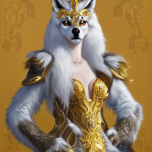 Image similar to commissioned full body furry portrait of a female anthro wolf-headed princess fursona with white hair wearing a white and gold chinese armored dress in a white and gold palace, by Wlop and jerry park, artstation, extremely detailed