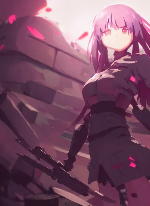 Image similar to homura akemi character, battlefield landscape, illustration concept art anime key visual trending pixiv fanbox by wlop and greg rutkowski and makoto shinkai and studio ghibli and kyoto animation, soldier clothing, cyborg parts, call of duty mecha exoskeleton, grimdark, volumetric lighting, battle tank turret