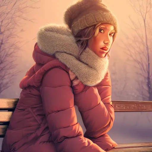 Image similar to highly detailed and intricate wlop artwork of a beautiful woman wearing warm winter clothes and a pink scarf sitting on a park bench in the fall, volumetric lighting, extremely complex, trending on artstation, featured on behance, 4 k, 8 k, 1 6 k