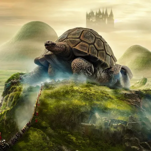 Image similar to giant tortoise walking with a large fantasy castle rising growing from the top of it, distant shot birds eye view, fantasy, hyper detailed, 4 k, howls moving castle, mortal engines,