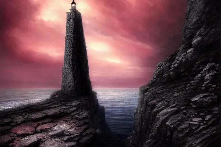 Prompt: a black stone tower on a cliff over the ocean, red sky, cloudy sky, fantasy, intricate, elegant, dramatic lighting, emotionally evoking symbolic metaphor, highly detailed, lifelike, photorealistic, digital painting, artstation, concept art, smooth, sharp focus, illustration, art by John Collier and Albert Aublet and Krenz Cushart and Artem Demura and Alphonse Mucha