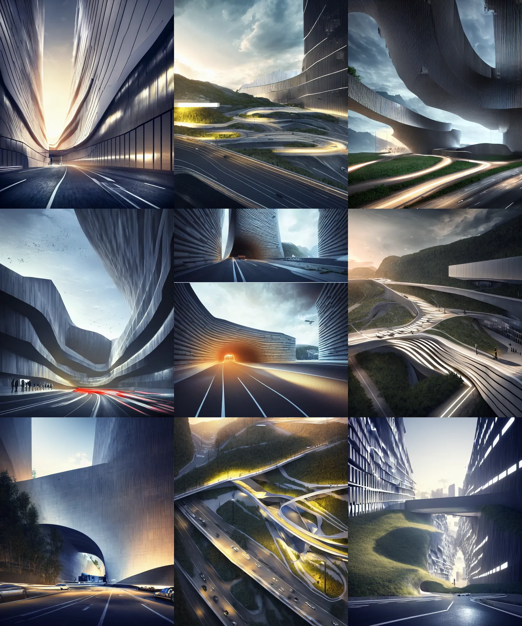 Image similar to denis villeneuve establishing shot of modern bjarke ingels condo building and gotthard tunnel entrance combined, roads tunnel under bjarke ingels condo building, lush environment, water, sunset raked lighting, scifi artstation digital concept art, unreal engine, hyper realism, realistic shading, cinematic composition, wide shot