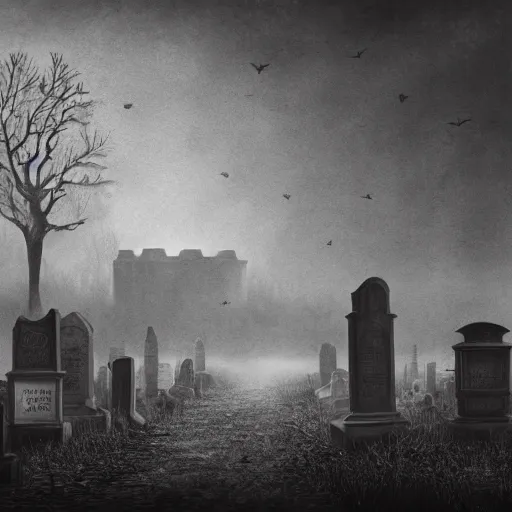 Image similar to an endless eerie graveyard with ancient ornate tombstones, misty, strands of fog, catacomb in background, frame is flanked by dark trees, creepy, night, finely detailed photorealistic black and white pencil drawing
