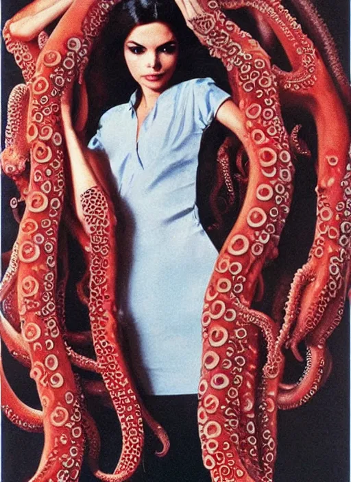Prompt: 1978 film still from an Italian horror film of a Victoria Justice in her silk school uniform as the Queen of slimy tentacles clothed completely in silk looking at you intensely with seductively serious eyes while being consumed by the slimy Octopus God. ultra detailed painting at 16K resolution and epic visuals. epically surreally beautiful image. amazing effect, image looks crazily crisp as far as it's visual fidelity goes, absolutely outstanding. vivid clarity. ultra. iridescent. mind-breaking. mega-beautiful pencil shadowing. beautiful face. Ultra High Definition. process twice.