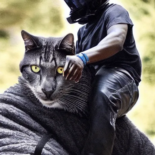 Image similar to Kanye West riding on the back of a giant cat