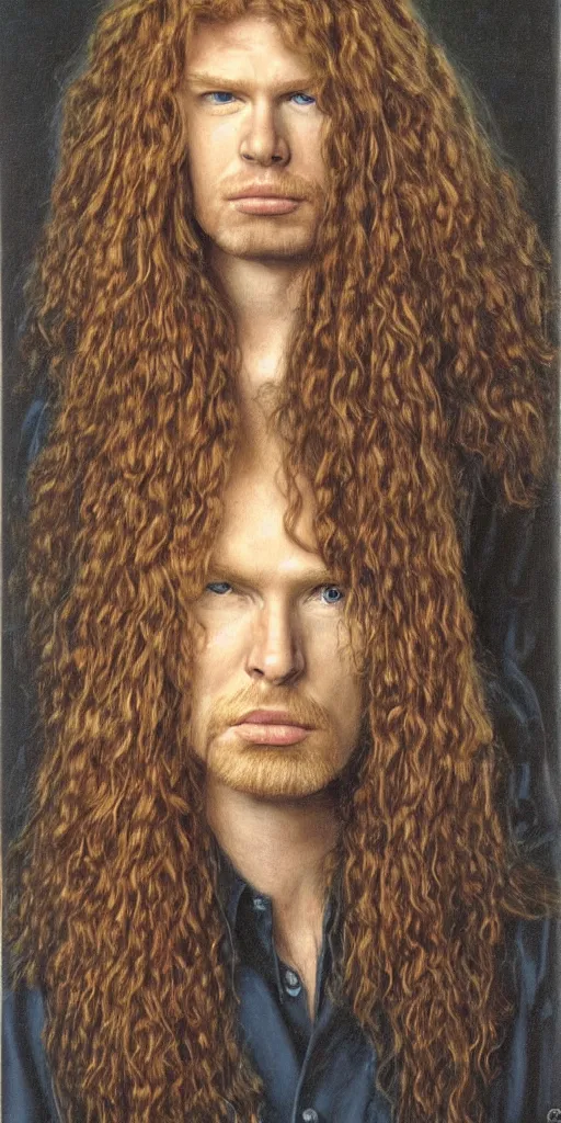 Image similar to Pre-Raphaelite portrait of Dave Mustaine from Megadeth, with very long blond hair and grey eyes