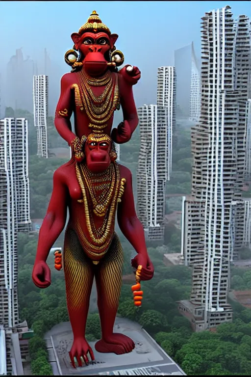 Image similar to high quality 3 d cyberpunk biomorphic hanuman! head building in the middle of mumbai!!, highly detailed, cinematic smooth, stephen shore & john j. park, soft morning light, wide shot, high angle, uhd 8 k, sharp focus