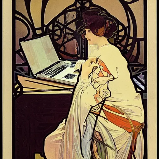 Prompt: a confused designer looking at their laptop by Alphonse Mucha