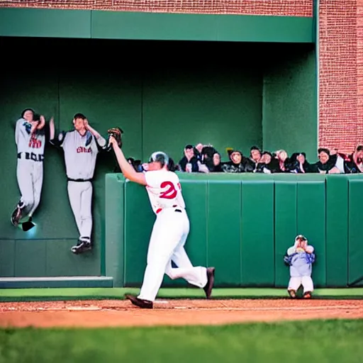 Prompt: Baseball playing hitting a grand slam over the Green Monster at Fenway park, award winning sports photography, Sports Illustrated