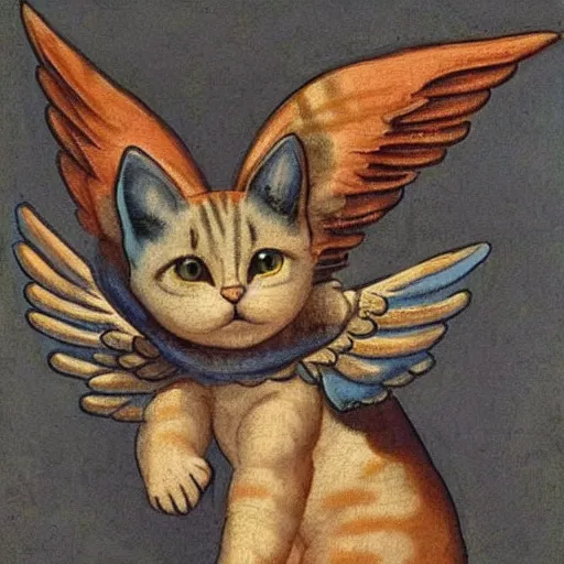 Image similar to a very detailed, painting of a cat with wings flying though the sky in michelangelo style of painting