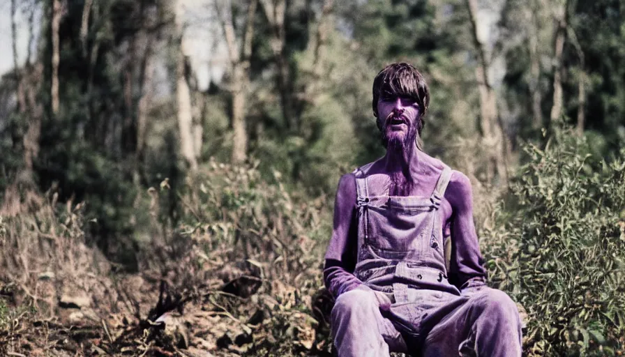 Image similar to far view, extremely skinny malnourished purple thanos with long beard, wearing dirty overalls, dirty greasy face, grin, portrait, close up, kodak gold 2 0 0, 5 0 mm,