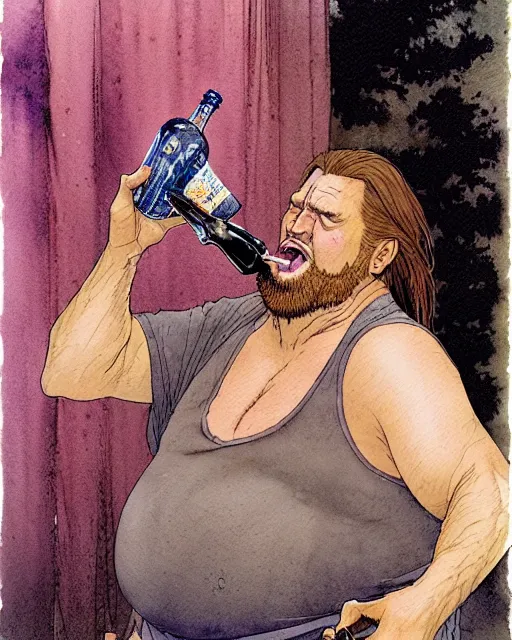 Prompt: a realistic and atmospheric watercolour fantasy character concept art portrait of a fat dirty qui - gon jinn drinking out of a bottle with pink eyes wearing a wife beater. by rebecca guay, michael kaluta, charles vess and jean moebius giraud