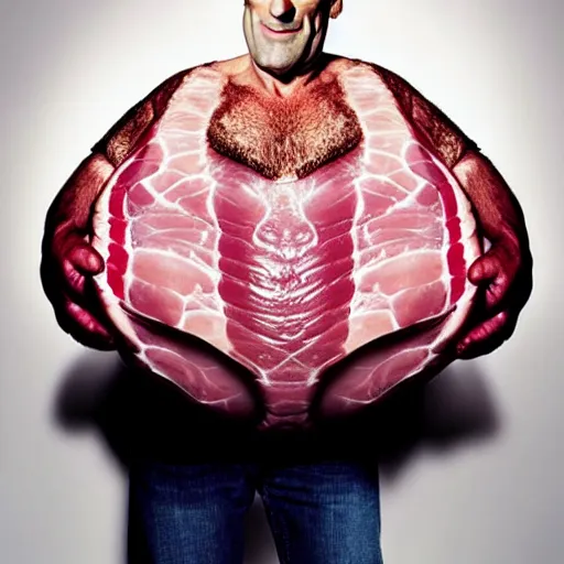 Image similar to uhd candid photo of a giant ham with the face of john hamm. photo by annie leibowitz.