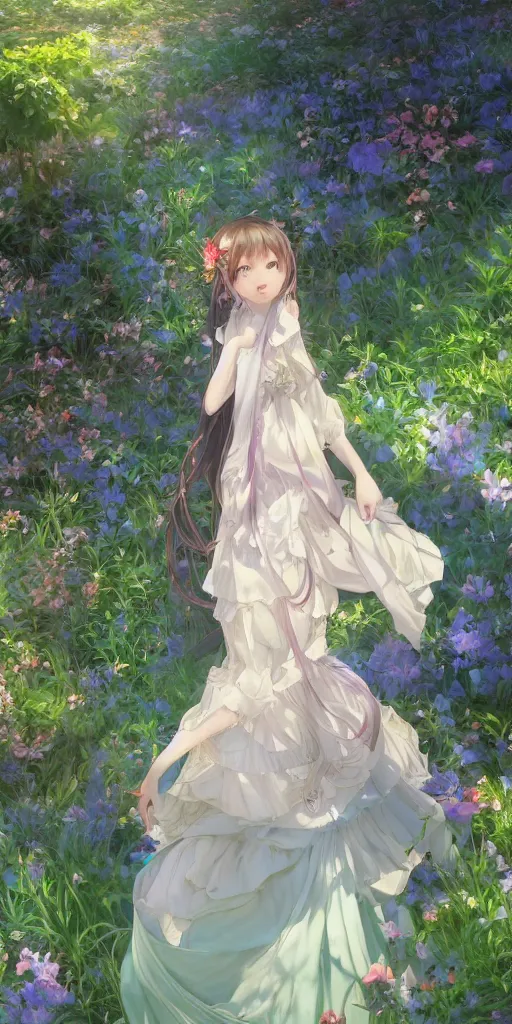 Image similar to a digital art of a loli with long hair in a dress in the privet garden at after noon, green and blue and warm theme, back lighting, highly detailed, 4 k resolution, trending on art station, elegant, depressed, by krenz cushart and mucha and akihito yoshida and greg rutkowski and makoto shinkai