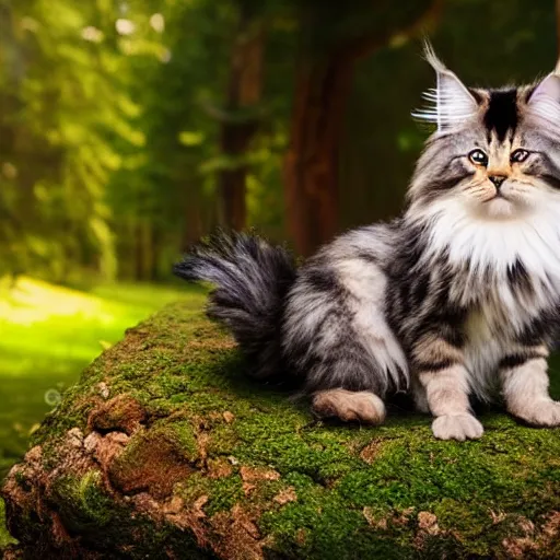 Prompt: very cute chibi main coon, portrait, pixar style, forest background, cinematic lighting, award winning creature portrait photography