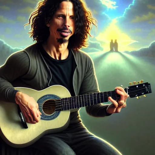 Image similar to portrait painting of chris cornell playing guitar in heaven, happy smile on his face, ultra realistic, concept art, intricate details, eerie, highly detailed, photorealistic, octane render, 8 k, unreal engine. art by artgerm and greg rutkowski and magali villeneuve and alphonse mucha