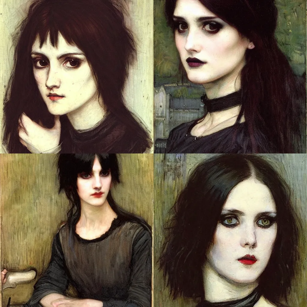 Prompt: a goth portrait painted by john william waterhouse. her hair is dark brown and cut into a short, messy pixie cut. she has a slightly rounded face, with a pointed chin, large entirely - black eyes, and a small nose. she is wearing a