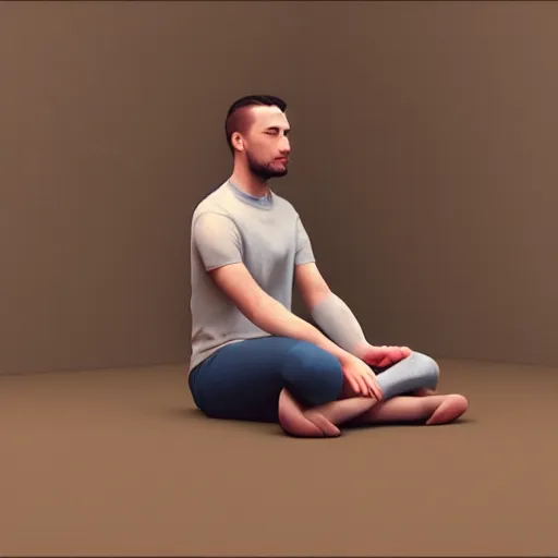 Image similar to a handsome young man sitting in meditation, 3 d render and matte painting, concept art, trending on artstation